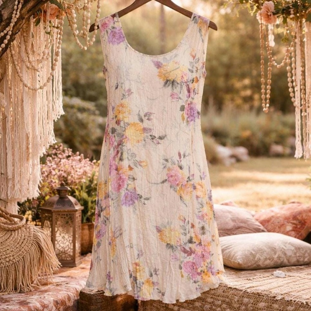 M | Sleeveless Dress with Sheer Cover‎ up Set Floral Accents